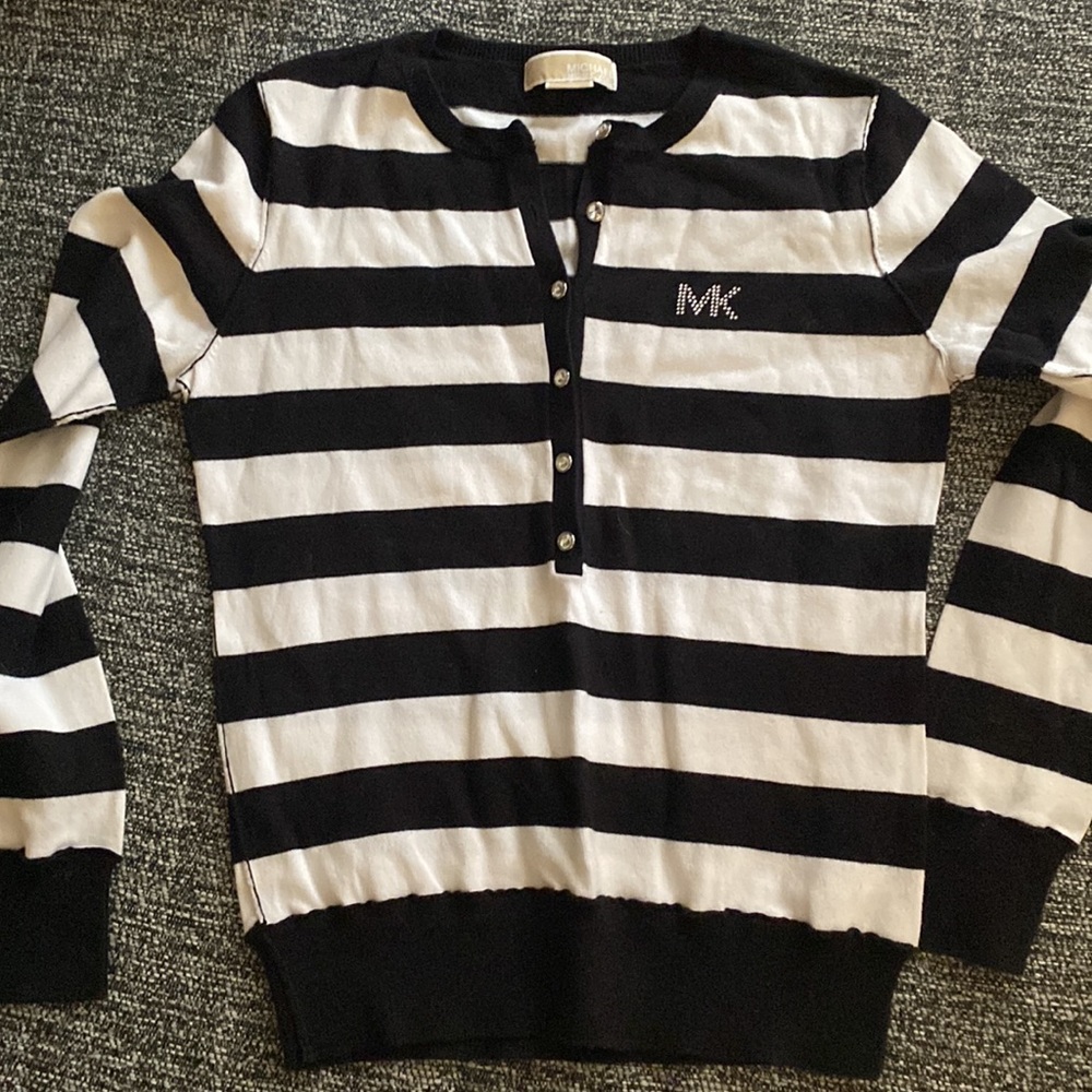 📟Y2K📟 MK Michael Kors Bling-Bling Striped Henley Sweater